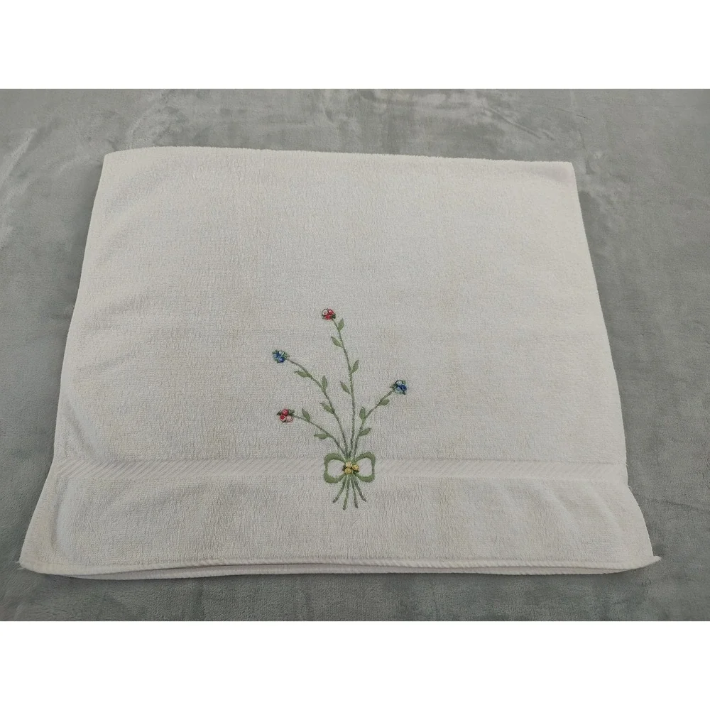 Vintage Fieldcrest Embroidered Floral Towel Set 6pc Cotton Cream Made in USA